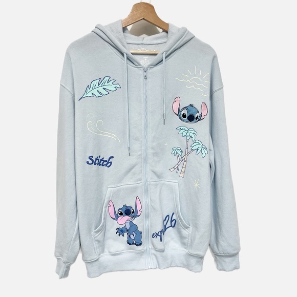 Disney Stitch Light Blue Full Zip Hoodie Stitch Character Cotton Blend Size M - Picture 1 of 8